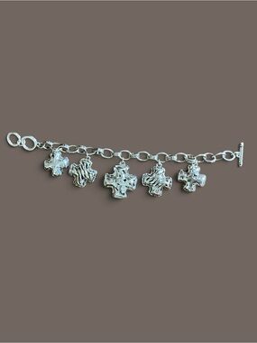 Silver Tone Cross Charm Bracelet 5 Puffy Crosses Rhinestones Toggle Clasp